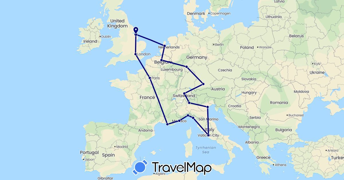 TravelMap itinerary: driving in Belgium, Switzerland, Germany, France, United Kingdom, Italy, Monaco, Netherlands (Europe)