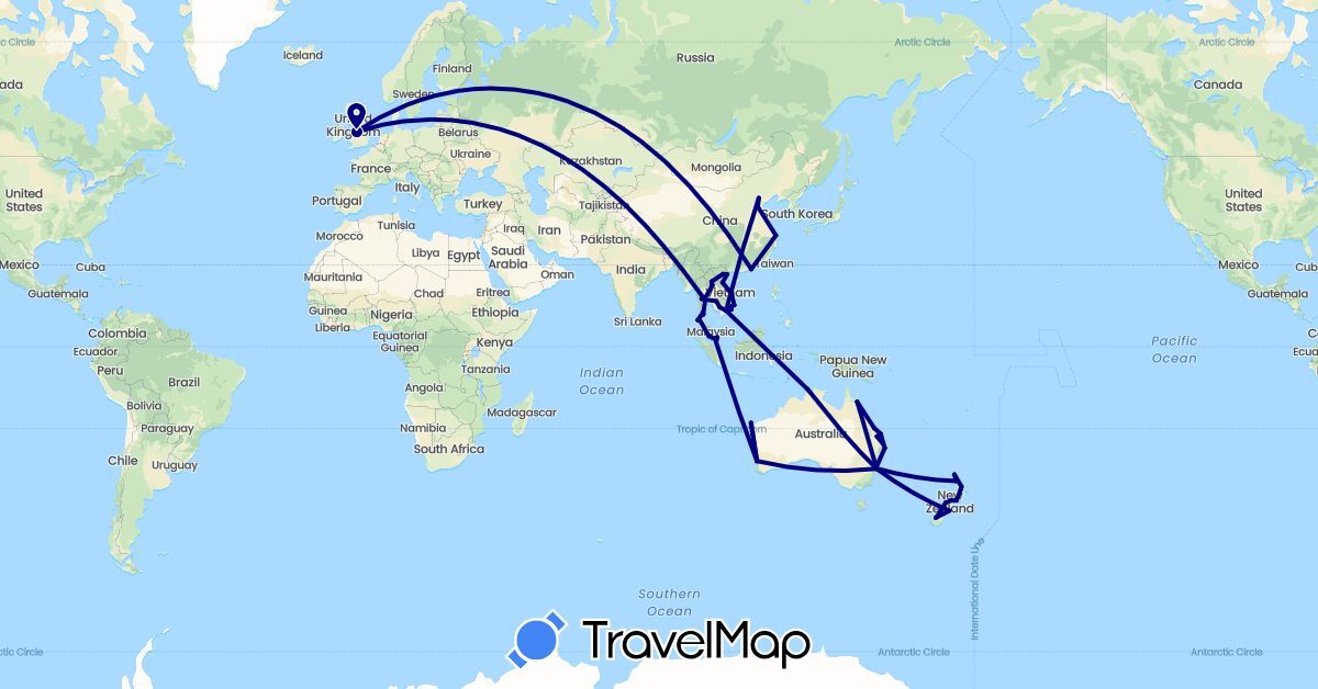 TravelMap itinerary: driving in Australia, China, United Kingdom, Cambodia, Laos, Malaysia, New Zealand, Singapore, Thailand, Vietnam (Asia, Europe, Oceania)