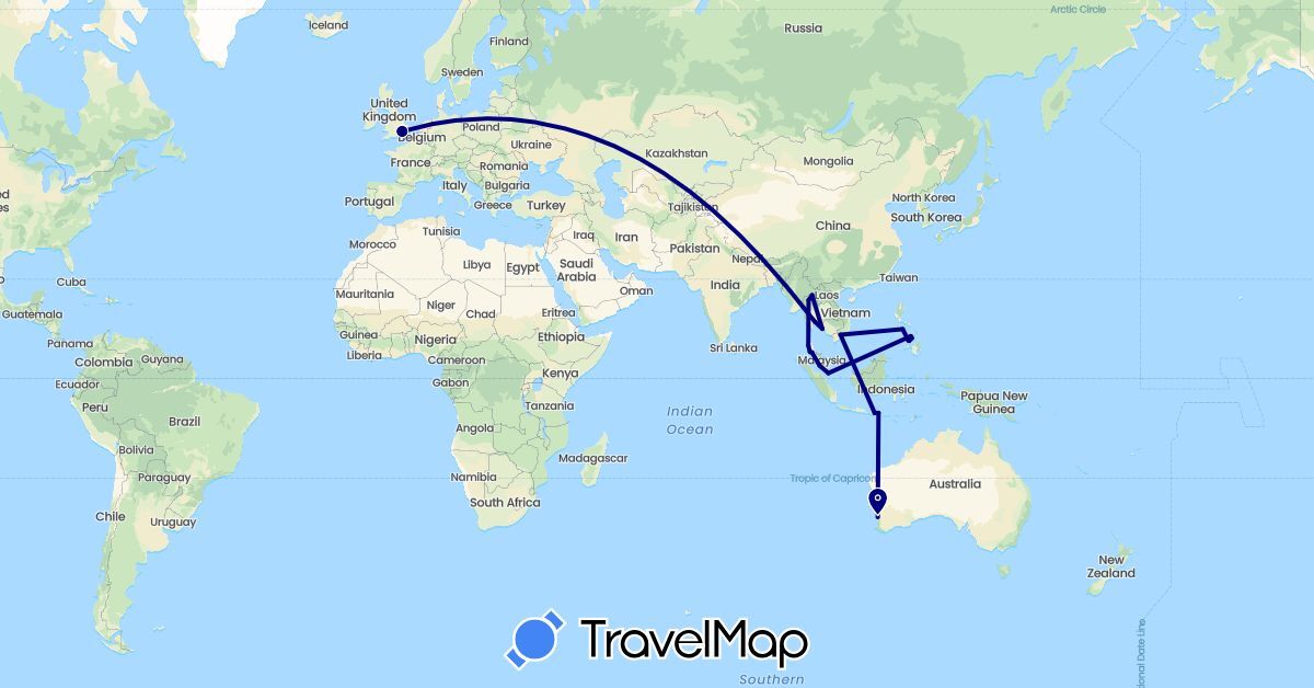 TravelMap itinerary: driving in Australia, United Kingdom, Indonesia, Malaysia, Philippines, Singapore, Thailand, Vietnam (Asia, Europe, Oceania)